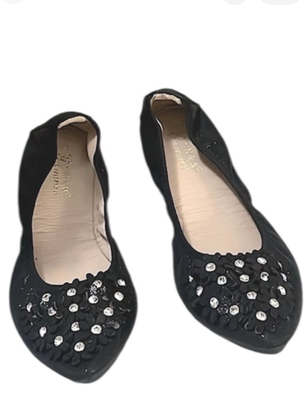 Pointy Black Rhinestone Crystal Embellished Faux Leather Floral Ballet Flats 39